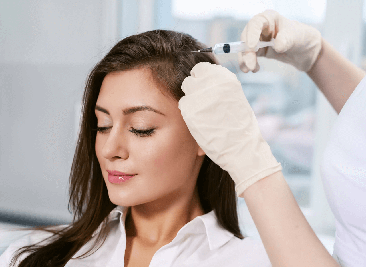 Patient receiving scalp injection treatment for hair restoration therapy.